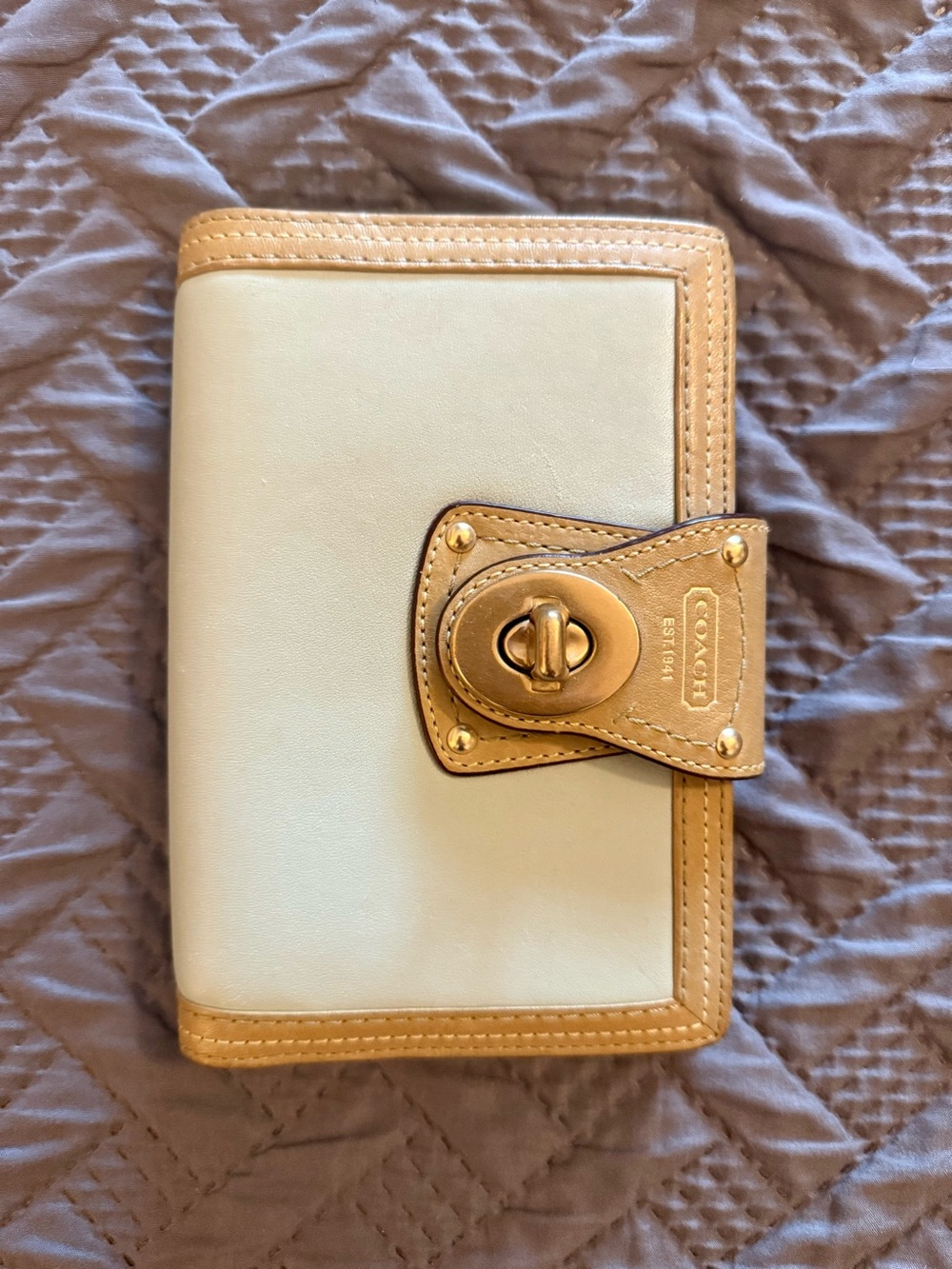 Coach Leather Turnlock Agenda - Seafoam and avocado/tan with gold turnlock